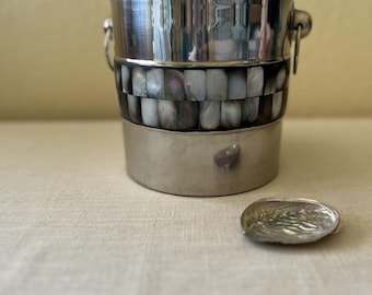 Vintage MCM Stainless Ice Bucket Mother of Pearl Detail  w/ Handles 6" Tall