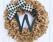 Burlap wreath with initial for front door, personalized Christmas gift, farmhouse custom year round, housewarming wedding gift, with bow