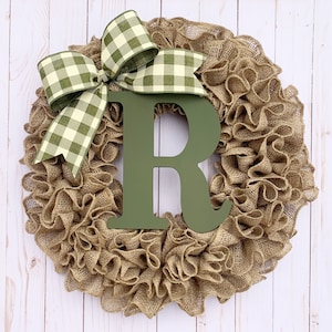 Wreath for front door year round, burlap wreath with initial, personalized gift, for fall, farmhouse, housewarming wedding, outdoor decor image 1