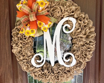 Wreath for front door year round, burlap wreath with initial personalized monogram gift, large wreath for spring summer housewarming wedding