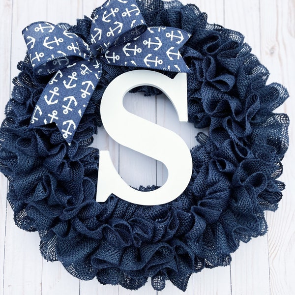 Navy wreath with initial for front door year round everyday, fall farmhouse, personalized custom gift, housewarming wedding birthday gift