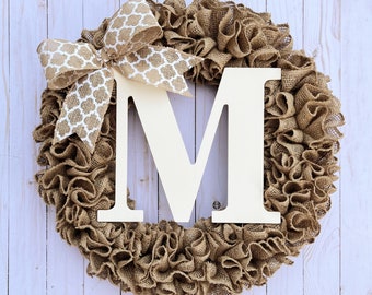 Wreath for front door year round, burlap wreath with initial, personalized custom gift, farmhouse rustic for fall, housewarming wedding, 19”