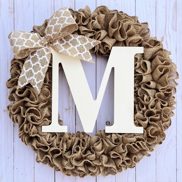 Wreath for front door year round, burlap wreath with initial, personalized custom gift, farmhouse rustic for fall, housewarming wedding, 19”