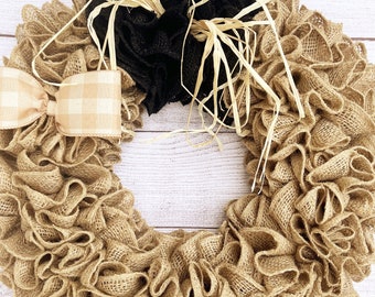 Fall burlap pumpkin wreath for front door, autumn thanksgiving Halloween front porch decor, farmhouse rustic indoor outdoor