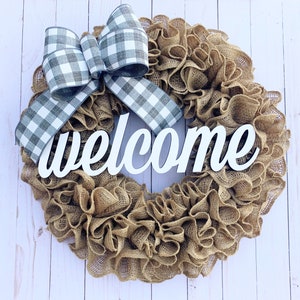 Wreath for front door year round, burlap, with welcome sign, personalized custom, farmhouse, housewarming wedding birthday gift, for summer