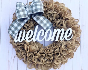 Wreath for front door year round, burlap, with welcome sign, personalized custom, farmhouse, housewarming wedding birthday gift, for summer