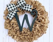Burlap wreath with initial for front door, personalized Christmas gift, farmhouse custom year round , housewarming wedding gift idea