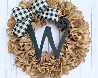 Wreath for front door year round, burlap wreath with initial, personalized gift for spring, farmhouse, housewarming wedding birthday gift