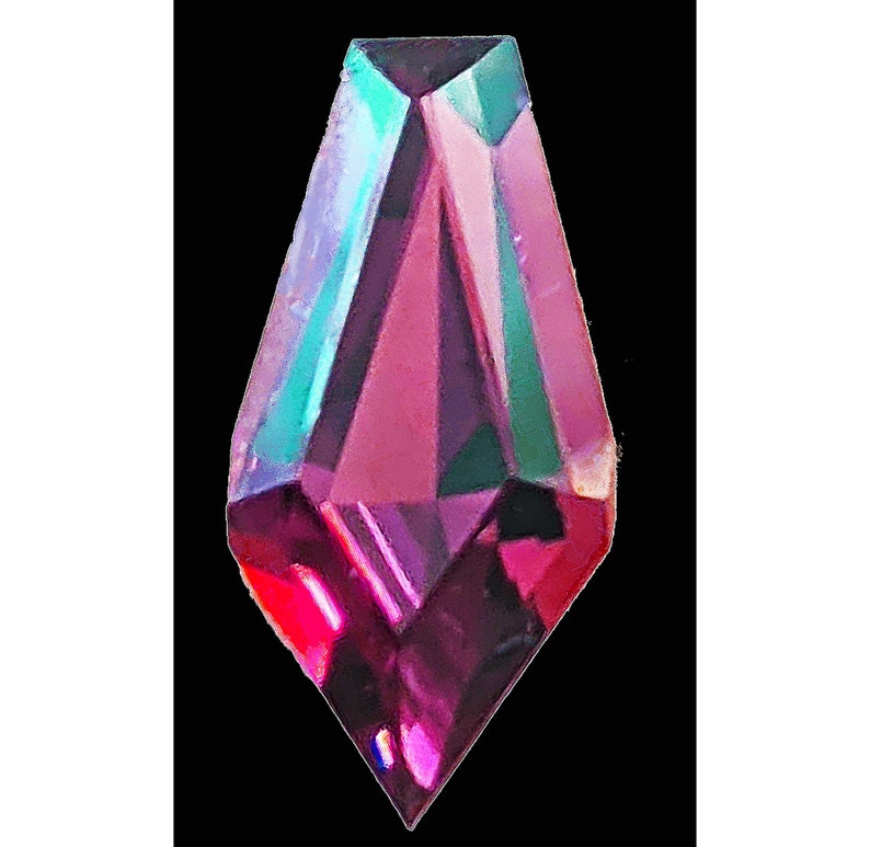 May include: A deep purple, faceted, iridescent crystal with a pointed tip.
