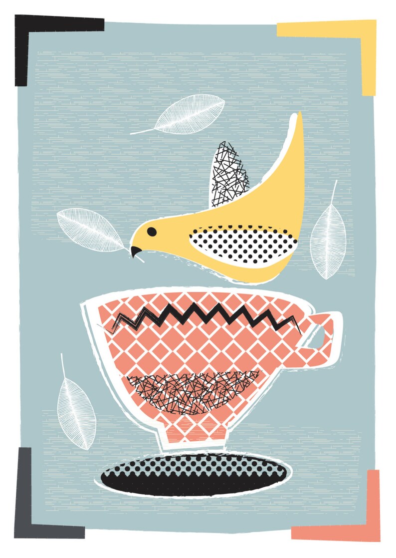 Modern Kitchen Art Print, Mid Century Inspired Print, Lovebirds & Teacups image 3