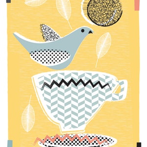 Modern Kitchen Art Print, Mid Century Inspired Print, Lovebirds & Teacups image 3