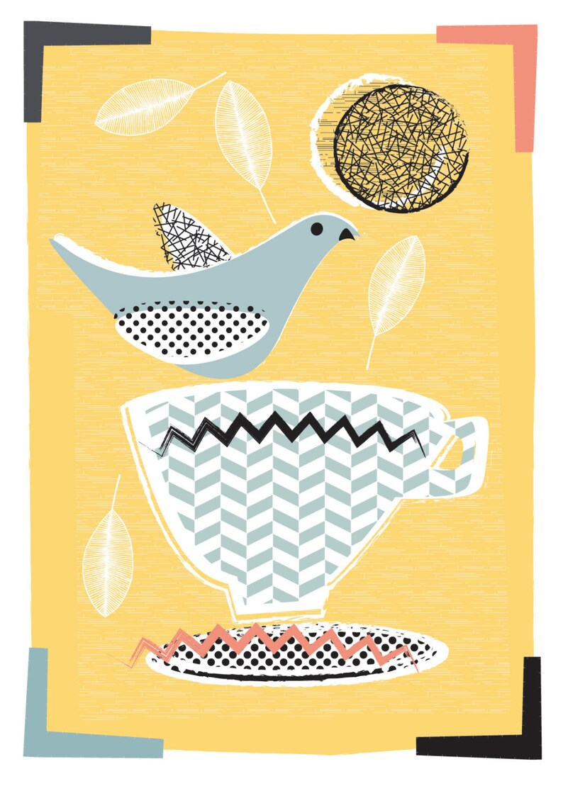 Modern Kitchen Art Print, Mid Century Inspired Print, Lovebirds & Teacups image 3