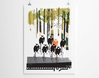 Cycling Art Print: Group Ride, Forest Scene (A4)