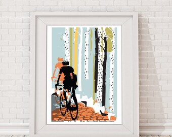 Cycling Art Print: Into The Woods, Contemporary Cyclist Poster