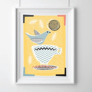 Modern Kitchen Art Print, Mid Century Inspired Print, Lovebirds & Teacups image 1