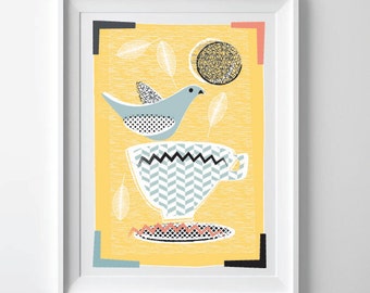 Modern Kitchen Art Print, Mid Century Inspired Print, Lovebirds & Teacups