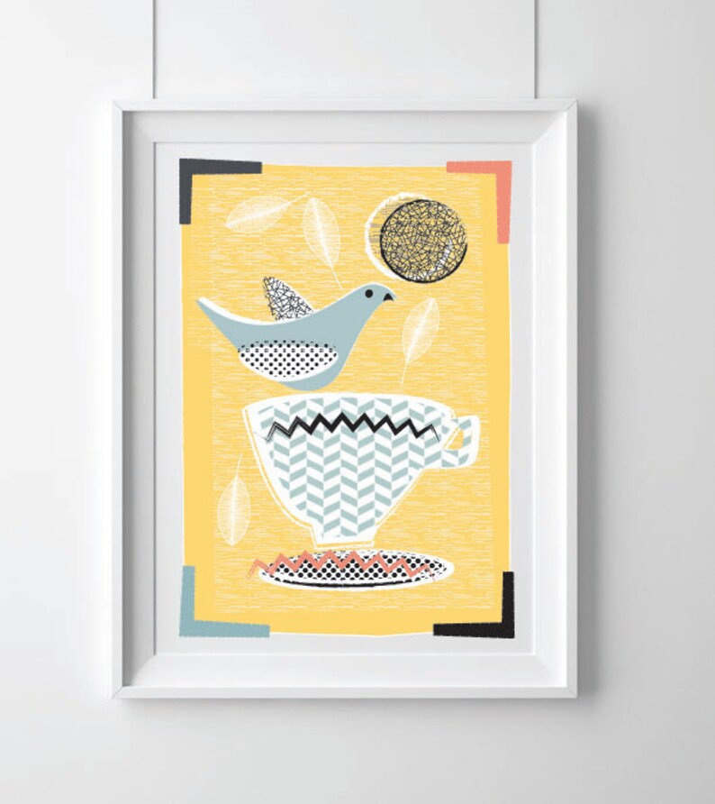 Modern Kitchen Art Print, Mid Century Inspired Print, Lovebirds & Teacups image 1