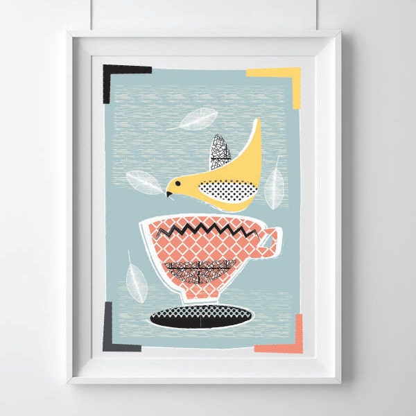 Modern Kitchen Art Print, Mid Century Inspired Print, Lovebirds & Teacups