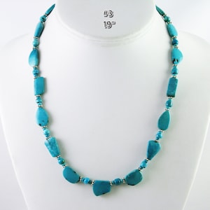 Natural Turquoise Necklace: Sterling Silver Accents, unusual carved blue stone 19 Inch