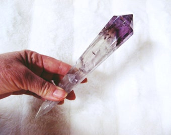 Rare Amethyst Crystal large for your hand Tri color Purple Smoky Clear Quartz Crystal with 12 polished sides excellent Crown Chakra tool