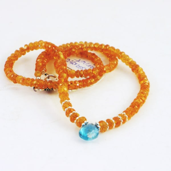 Natural Spessartite or Mandarin Garnet faceted Necklace 18 INCH Sterling and Apatite rare handmade jewelry