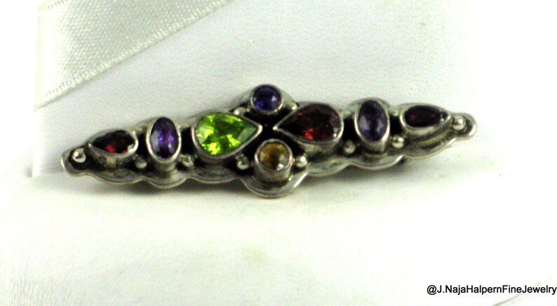 Natural Gemstone Pin Multi Gemstone Pin Garnet Amethyst Pin Sterling Silver Pin Peridot Amethyst Handmade Silver Pin Amethyst Bar Pin