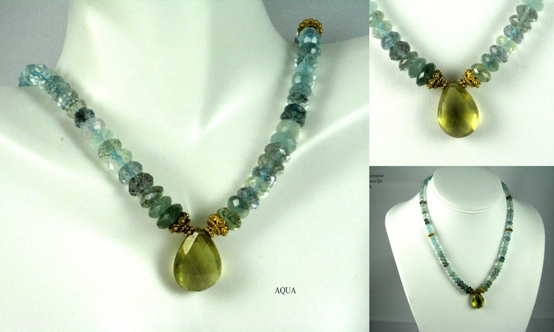 Blue Aqua Necklace Necklace and Pendant Aquamarine 14K Bold GOLD 14K 18K Natural Aquamarine Aquamarine Necklace Lemon Quartz Pendant