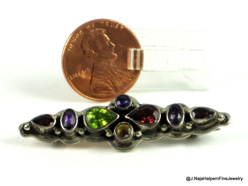 Natural Gemstone Pin Multi Gemstone Pin Garnet Amethyst Pin Sterling Silver Pin Peridot Amethyst Handmade Silver Pin Amethyst Bar Pin