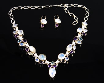 Blue Moonstone Gems, Elegant Necklace, Moonstone  Necklace, Amethyst Blue Topaz, Necklace and Earring, Jewelry Set Goddess Necklace Sterling