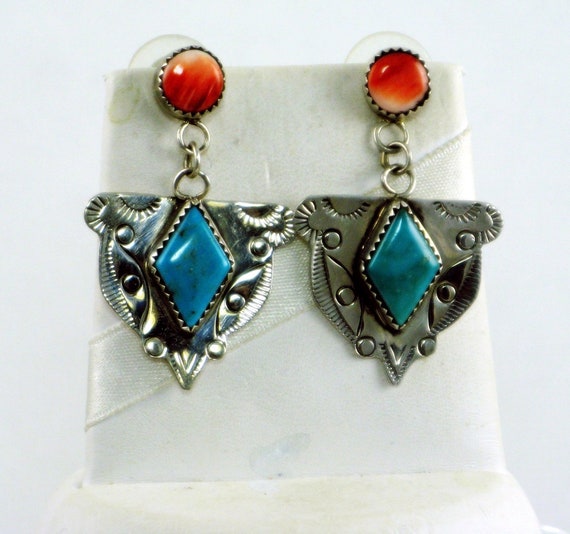 Turquoise Southwest, Southwest Earrings, Handmade Southwest, Turquoise Earrings, Blue Turquoise, Red Shell, Post Earrings, Sterling Earrings