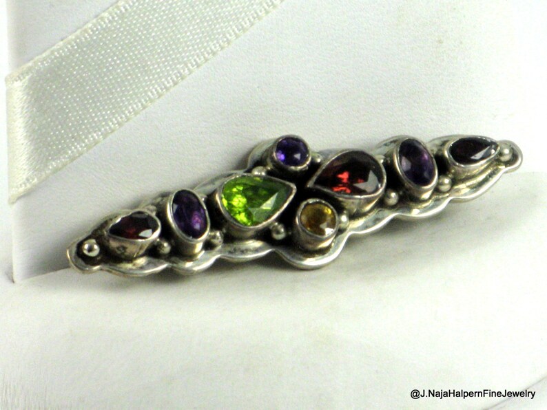 Natural Gemstone Pin Multi Gemstone Pin Garnet Amethyst Pin Sterling Silver Pin Peridot Amethyst Handmade Silver Pin Amethyst Bar Pin
