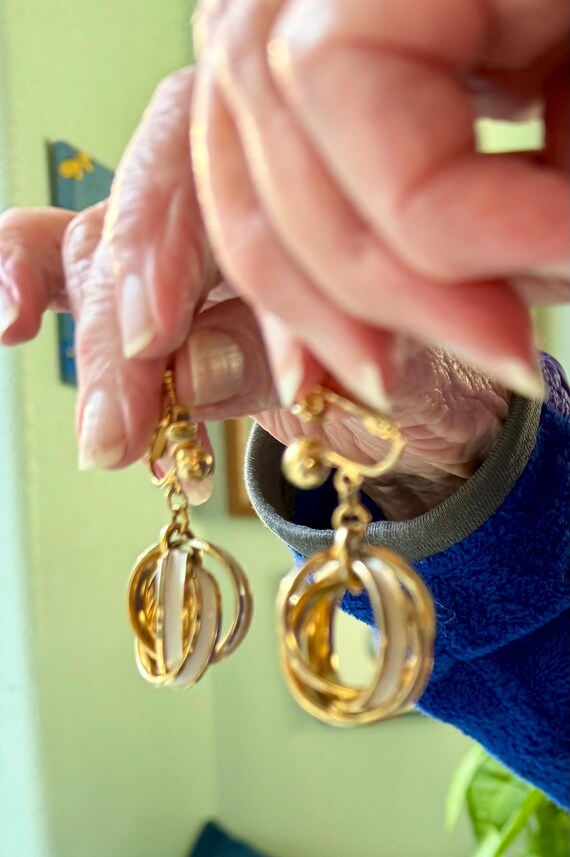 Napier drop earrings, screw type back , gold tone and white