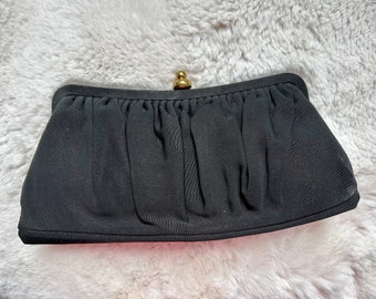 Vintage Black Clutch evening Bag by Garay Satin attached coin purse
