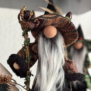 Sequoia the Forest Gnome: Woodland Protector Shelf Display Figurine, Tapestry Coat, Feather Hat