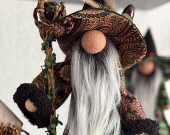 Sequoia the Forest Gnome: Woodland Protector Shelf Display Figurine, Tapestry Coat, Feather Hat