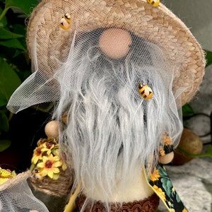 Beekeeper Gnome with Honey Bee Hive, Sunflowers, and Bees Gnomes, Farm Style Beekeeper Gnome