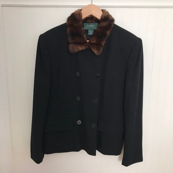 Ralph Lauren Jacket Wool Coat Fur Trim Black Vinta