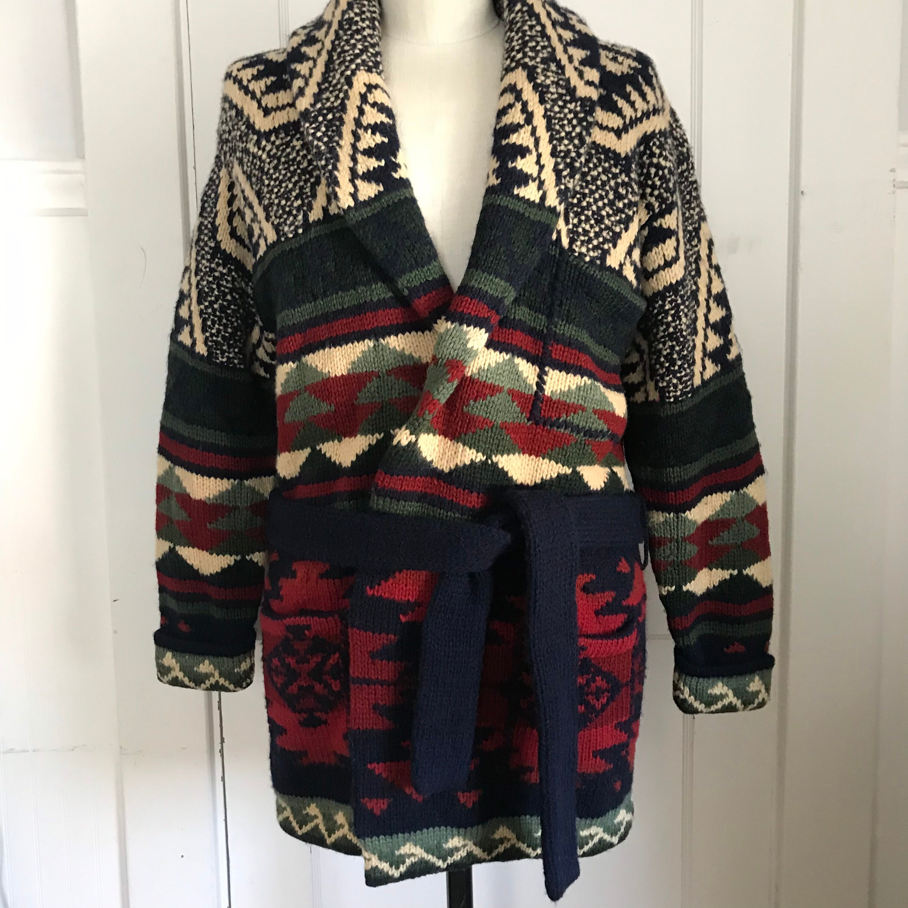 Vintage Ralph Lauren Sweater Coat Hand Knit M Wool Tribal Aztec