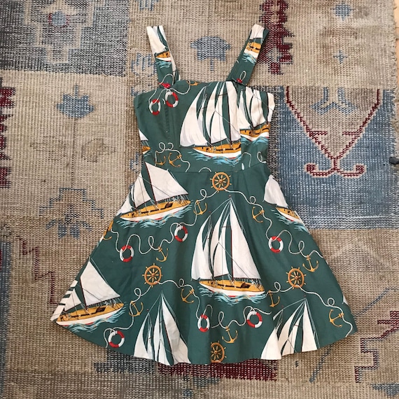 Vintage Ralph Lauren Dress Nautical Apron Sundress Blue Label Sailboat
