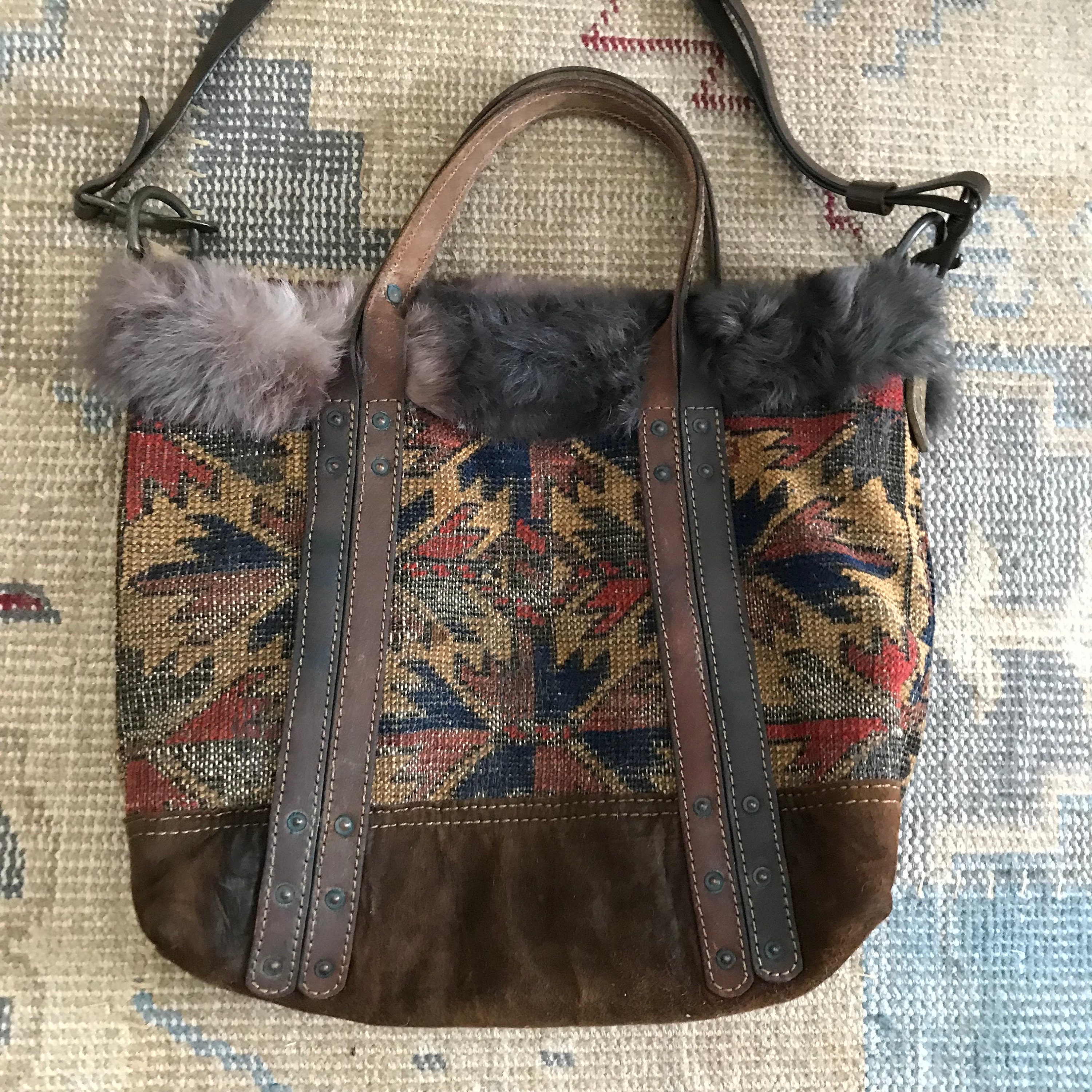 Rare Ralph Lauren Carpet Bag Shearling Tote Bag Cross Body Leather