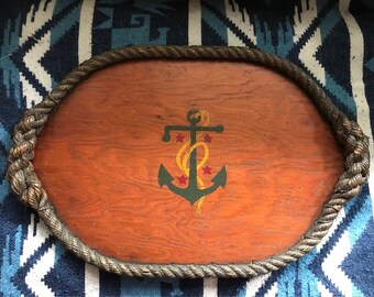 Antique Folk Art Tray Nautical Gallery Tray Wood Bar Tray Boat Yachting Whimsical