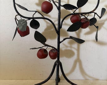 Antique Italian Tole Topiary Tree Apple Candlebra Red Chippy Paint Primitive Candletick