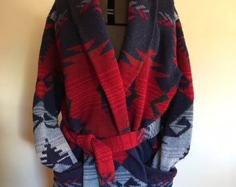 Ralph Lauren Hand knit Cardigan Sweater Coat Hand knit Large Wool Tribal Aztec Navajo Serape Polo Southwest Western