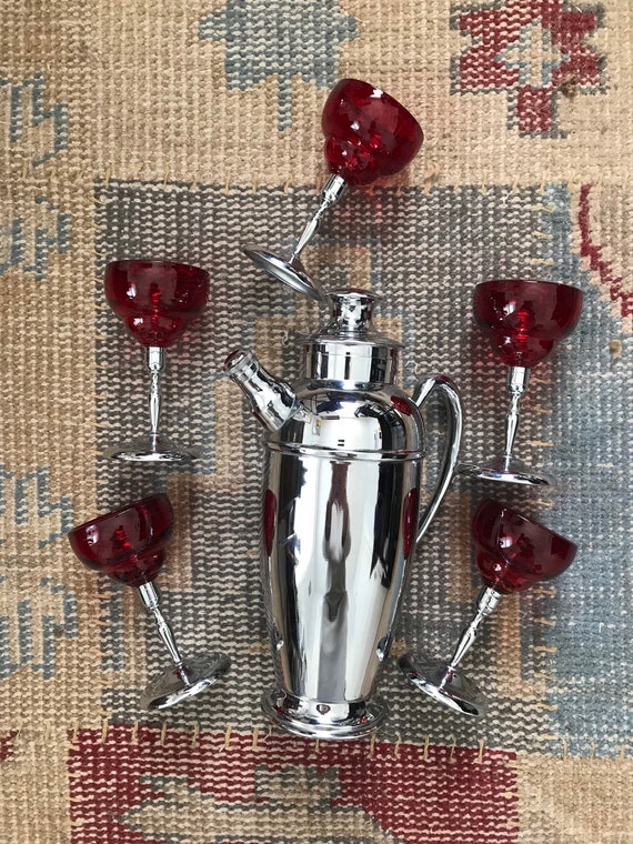 Antique Cocktail Shaker Set Martini Shaker Glasses Red Ruby Glass