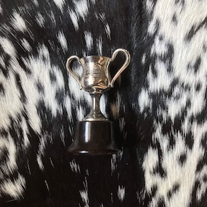 May include: A small, silver trophy with a dark brown base. The trophy has two curved handles and engraved text on the cup. The background is a black and white cowhide pattern.