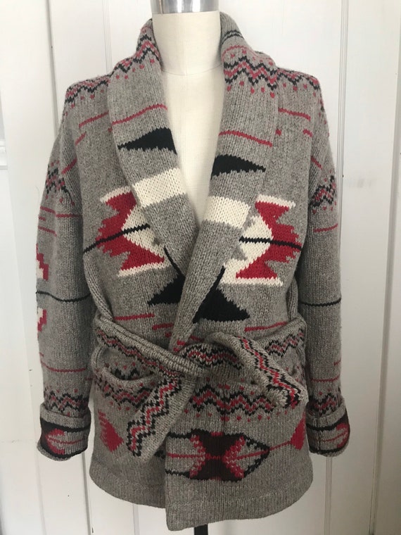 Rare Vintage Ralph Lauren Sweater Coat Hand Knit Men L Wool Tribal