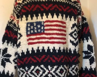 Ralph Lauren Hand knit Sweater Flag Sweater Cowichan Ski Indian Tribal Polo Western Flag Americana