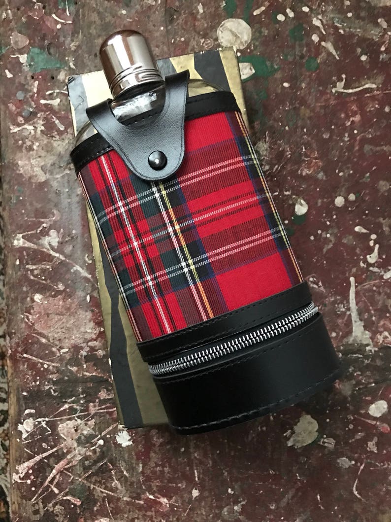 Vintage Flask Mid Century Leather Flask Bag Red Tartan Plaid Etsy