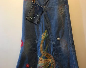 Ralph Lauren Jean Skirt Embroidered  Denim Distressed Hippie Patchwork Skirt Maxi Skirt