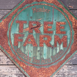 Antique Folk Art Sign Pine Tree Nursery Industrial Garden Metal Rust Sign Christmas Tree Farm Specimen